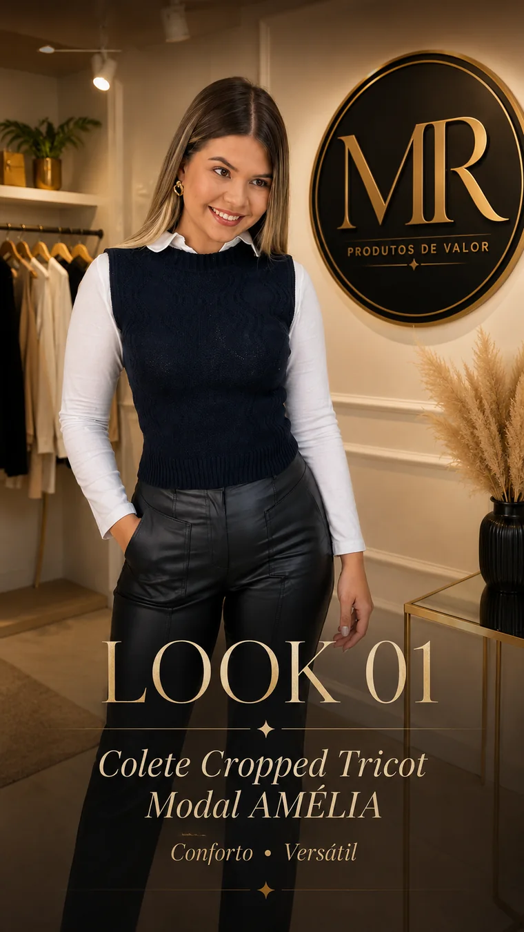 Modelo em estúdio de moda usando colete cropped azul-marinho de tricot sobre camisa branca, com a marca MR Produtos de Valor ao fundo.