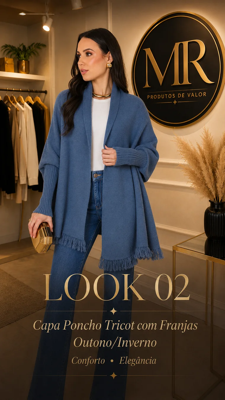 Modelo em estúdio de moda usando capa poncho azul em tricot com franjas, blusa branca e calça jeans.