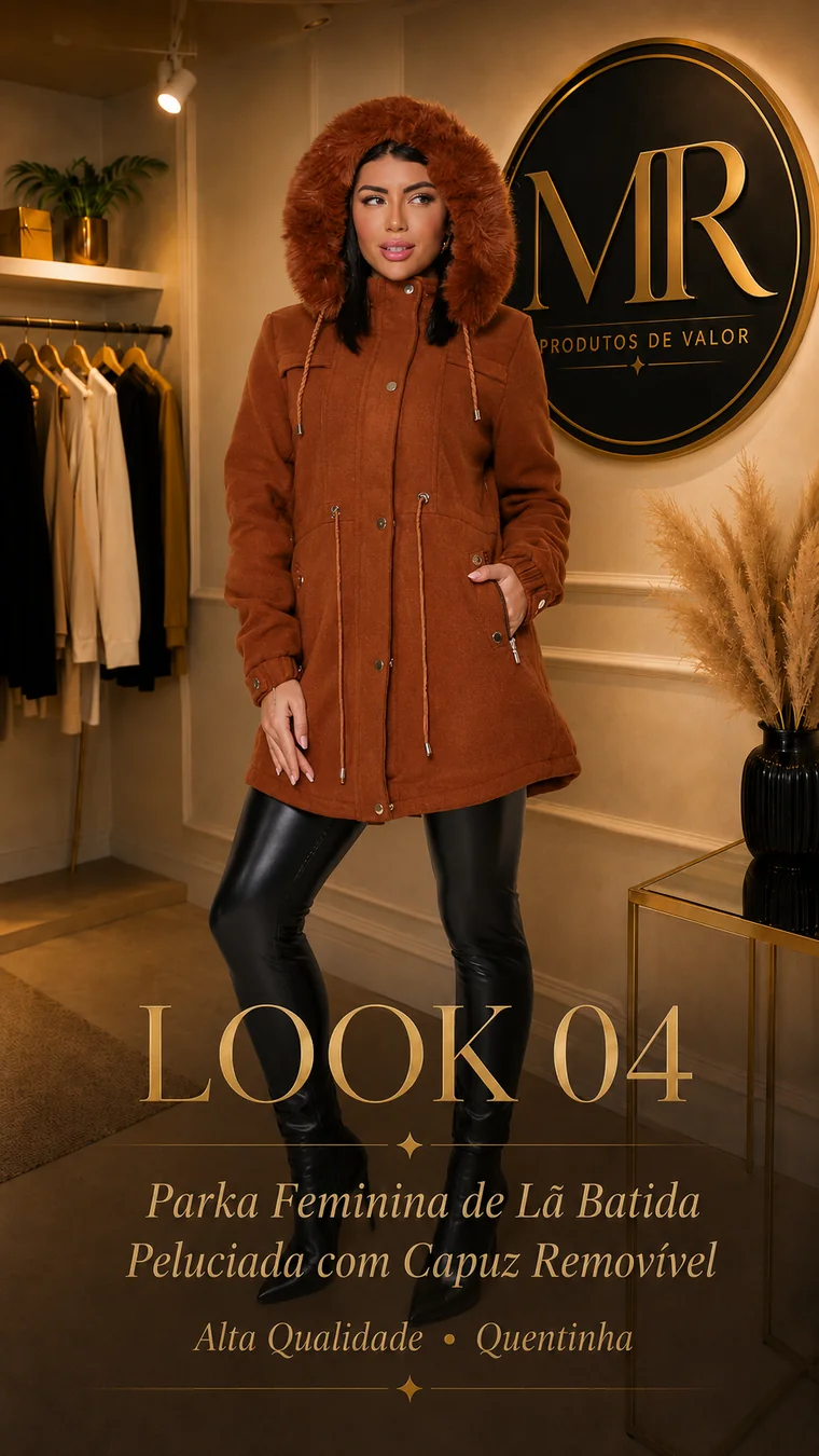 Modelo em estúdio de moda usando parka caramelo de lã batida com capuz peluciado e calça preta.